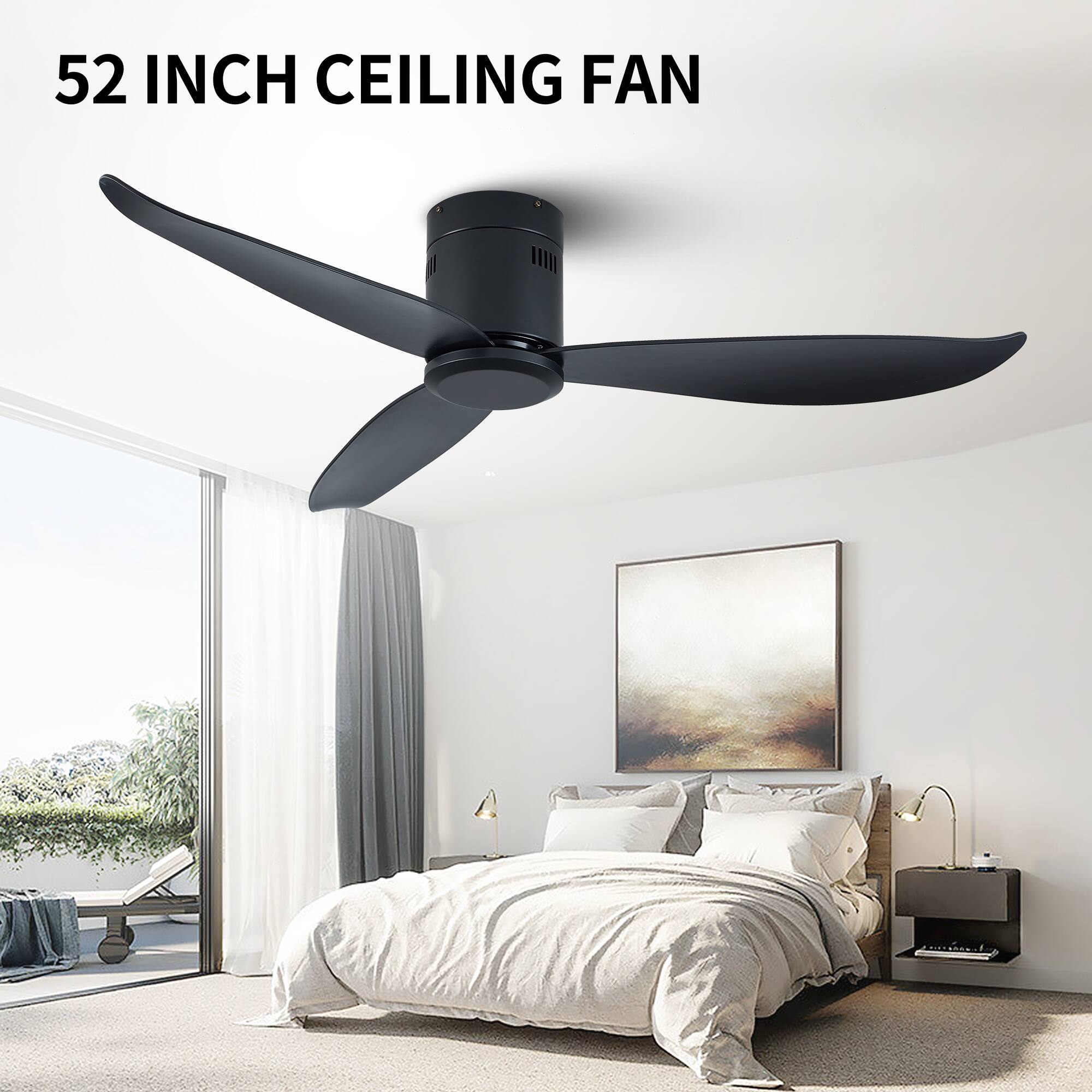 52" Low Profile Ceiling Fan No Light, Black Flush Mount Ceiling Fans